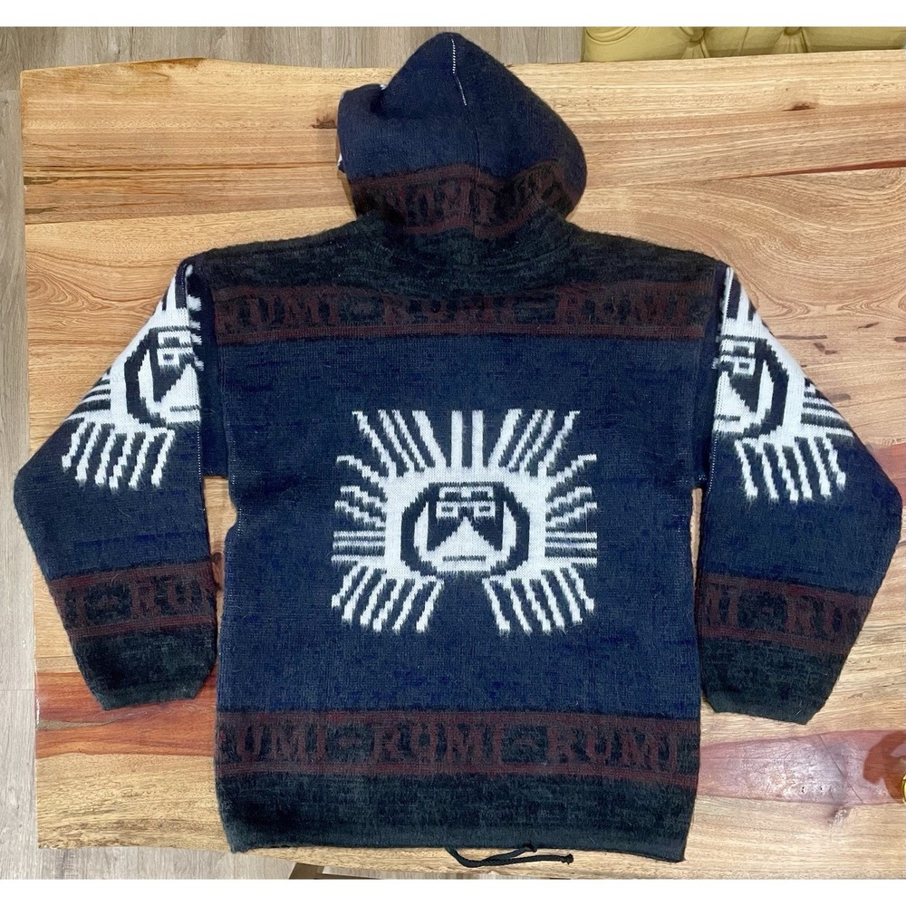 Vintage Tejidos Ruminahui Ecuadorian Wool Sun God Hooded Sweater Mens L Boxy - Picture 2 of 7